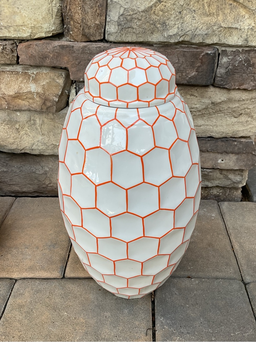 Fabienne Jouvin Tozai Cloisonné Porcelain Honeycomb White Orange Ginger Jar Vase